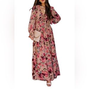 BLENCOT Womens Casual Floral Deep V Neck Long Sleeve Maxi Dress (Size Medium)